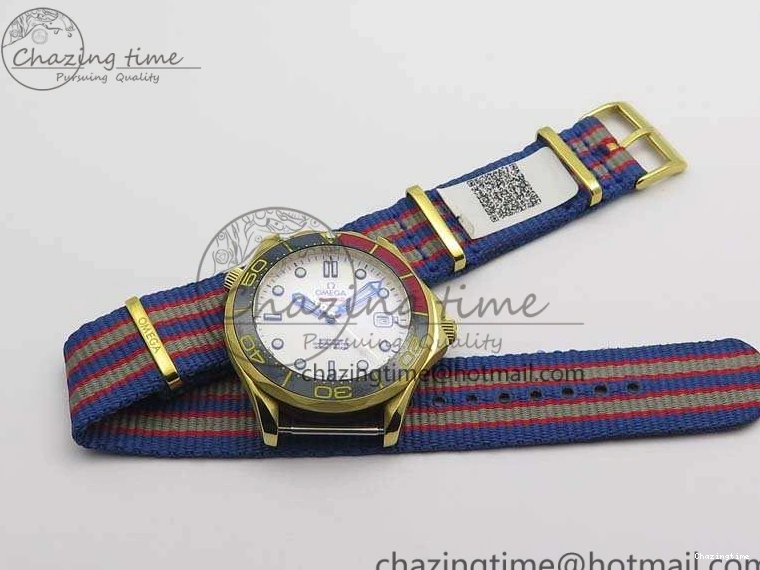 0327 Modern Seamaster 300M 007 YG URF 1:1 Best Edition White Dial Ceramic Bezel On Nylon Strap A 8115